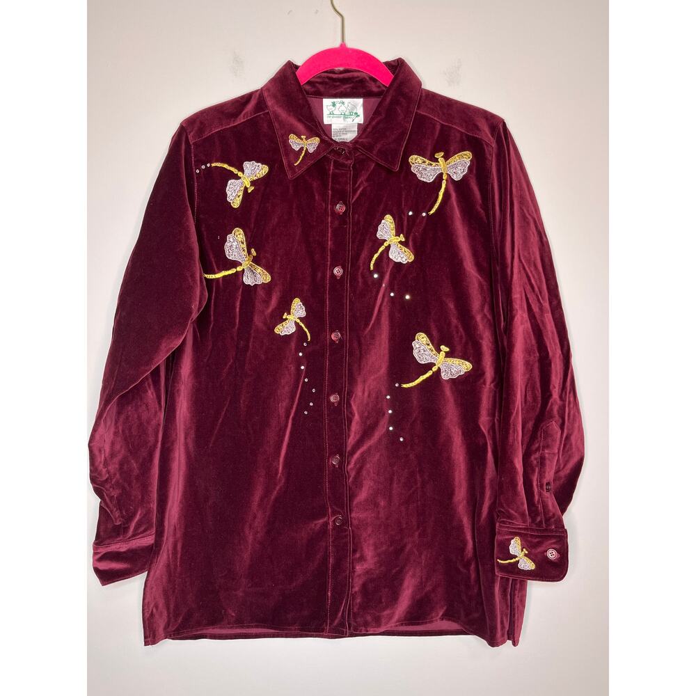 2000s Quacker Factory Maroon Velvet Gold Dragonfly Insects Bugs Shacket Shirt S